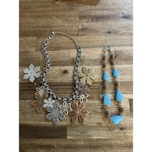 Chicos Silver Tone Floral Chain Layered Necklace & Turquoise Beaded Necklace